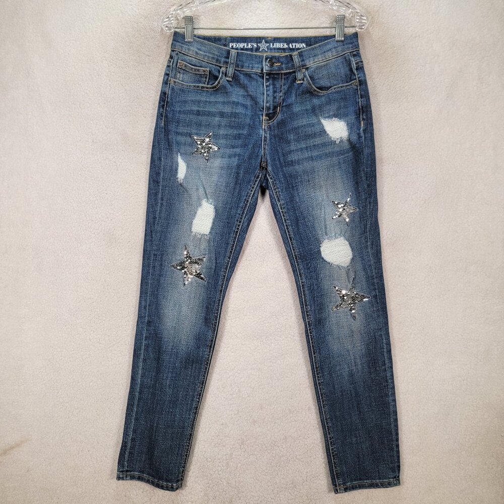 People's Liberation Blue Denim Sequin Star Kate Girlfriend Fit Skinny Jeans